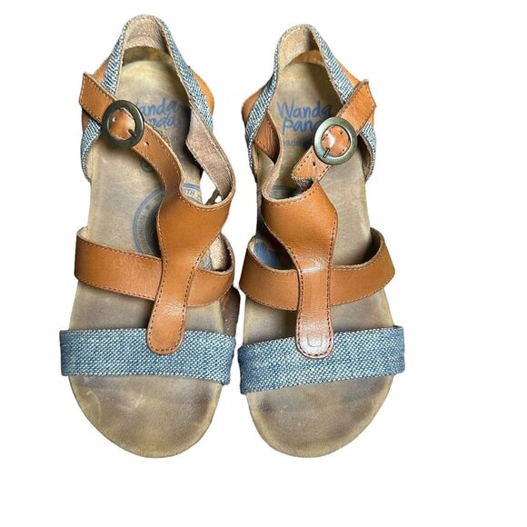 Wanda Panda Women’s Boho Strappy Denim/Brown Leather Slingback Heels Size 36 - Picture 2 of 11